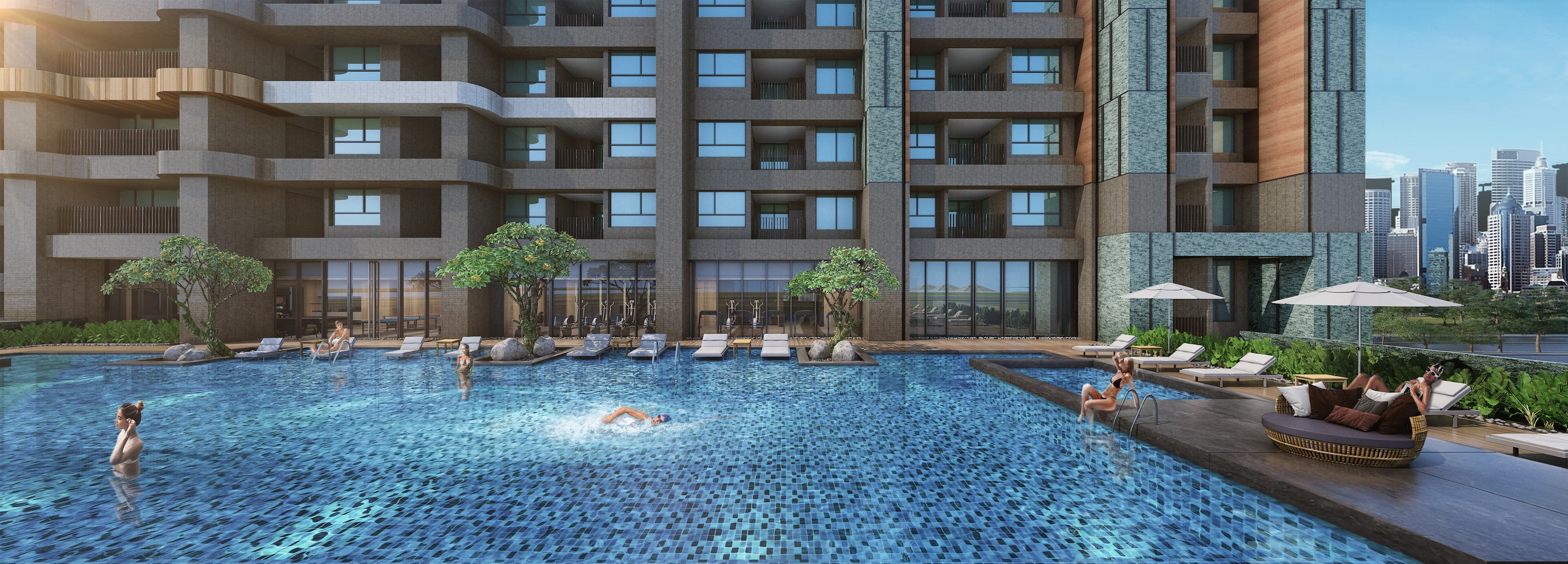 星空游泳池、廚藝廚房、海景健身房、LOUNGE BAR等近20項飯店級公設，造成愛琴海大熱賣，短短1.5個月就成交350戶。(此為3D模擬圖)