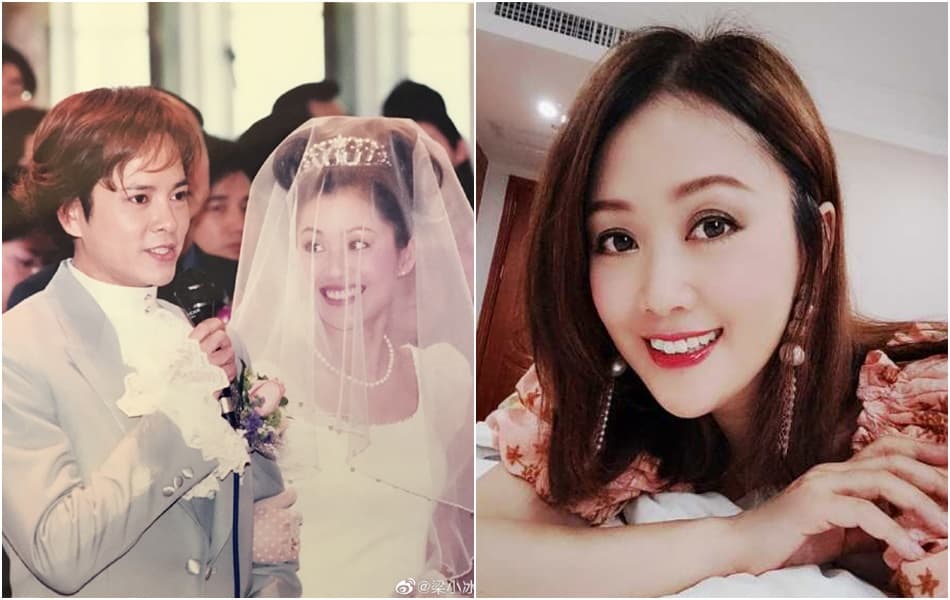 梁小冰曬出當年的婚紗照(左圖),表示和老公感情仍舊甜蜜。(翻攝梁小冰微博)