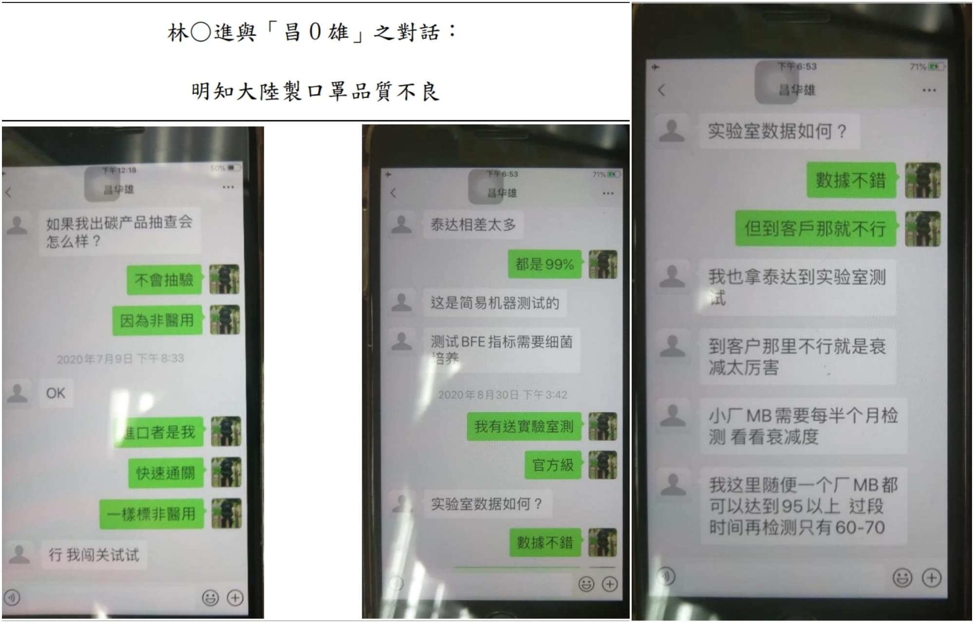 從林明進與廠商的對話紀錄可以發現，林明進知情中國製的品質不佳。（翻攝自士檢新聞稿）
