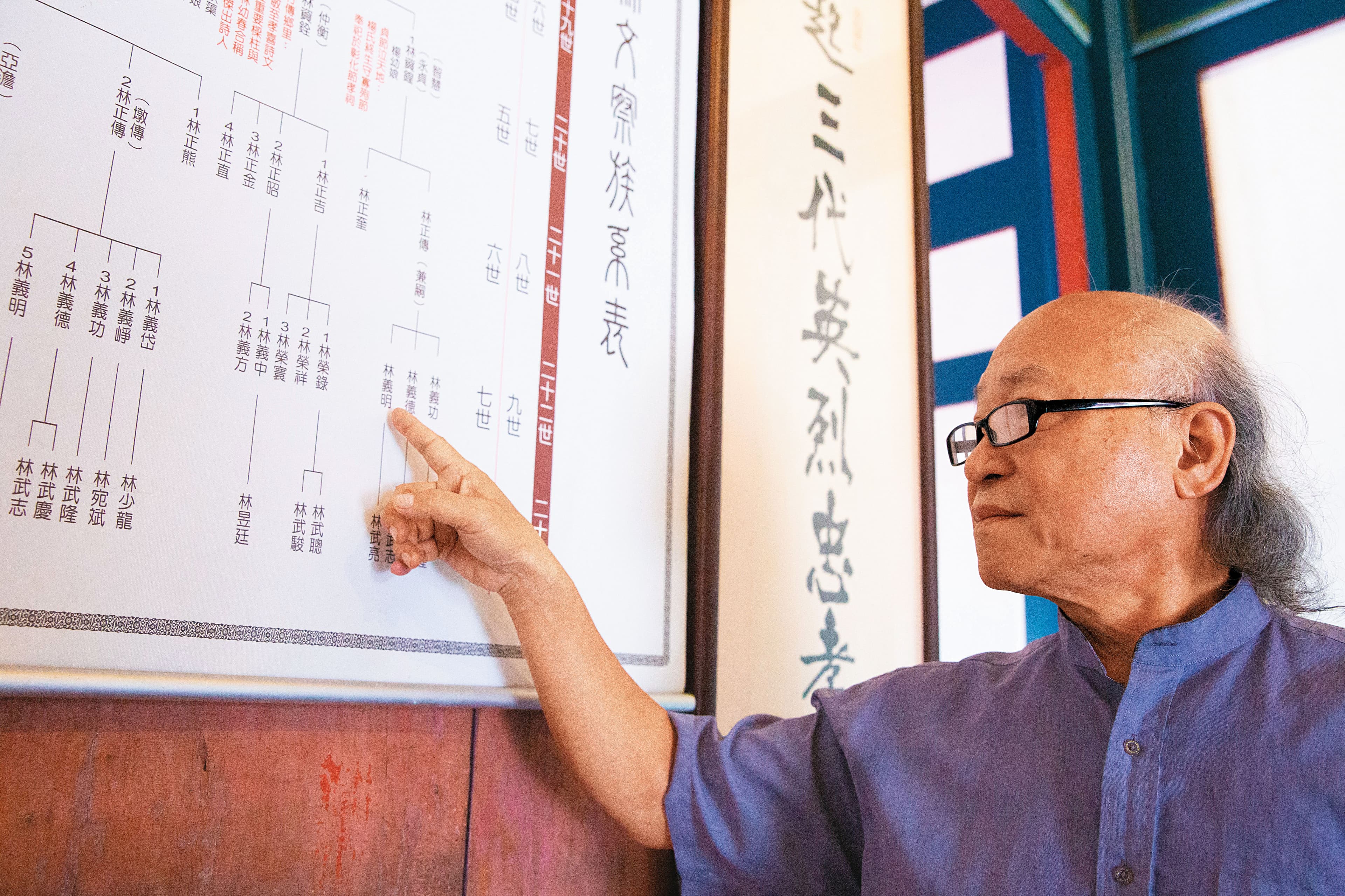 林義明指著族譜說,他們長房嫡系在光復之後回台,才知祖產被奪。