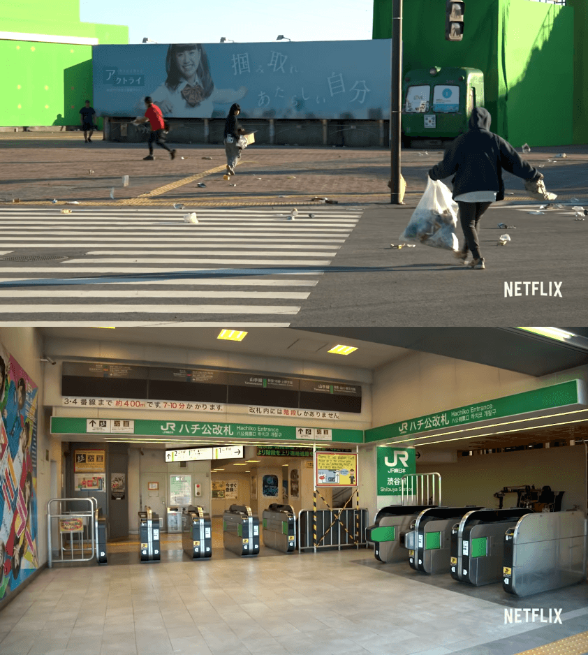澀谷車站等細節都靠美術組人員細膩打造，連街道的垃圾（上圖）也不放過。（翻攝自Netflix Youtube畫面）