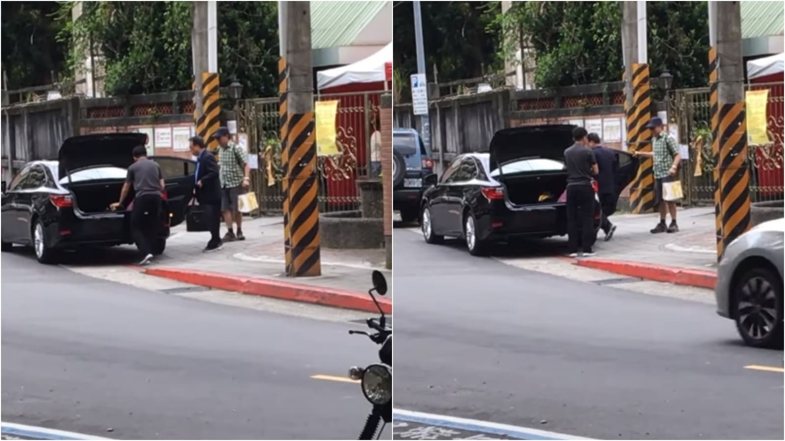 校長周成虎的Lexus座車被拍到在校門口違規遭開單。(翻攝自新聞人電子報YouTube)