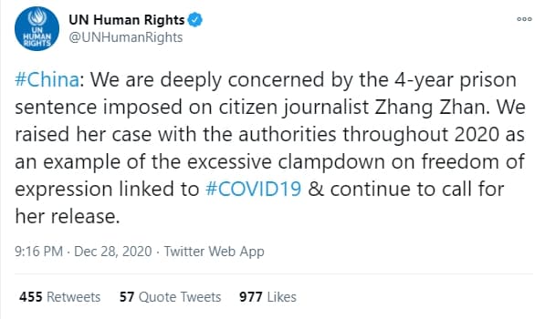 聯合國人權辦公室表示,他們深切關注此案,並呼籲盡速釋放張展。(翻攝自UN Human Rights推特)