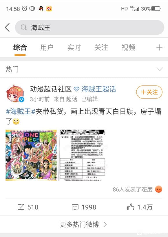 《海賊王》因將中華民國與中國國旗並列,遭中國網友出征。(翻攝自微博)