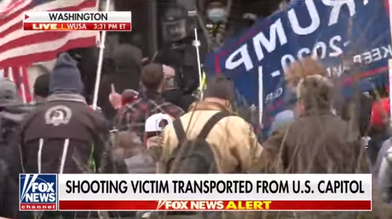 美國國會發生暴動,混亂中有示威者遭開槍擊中,傷重不治。(翻攝Fox News)