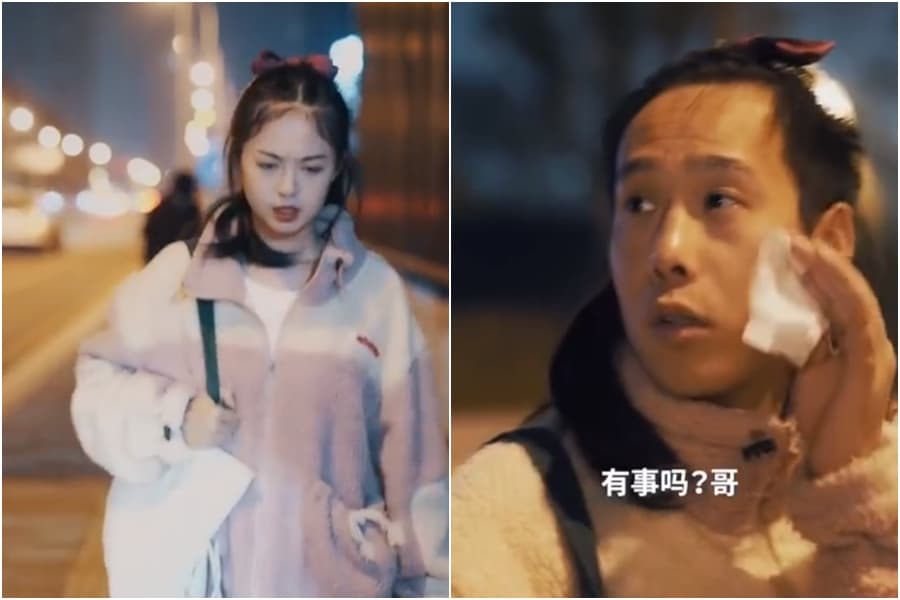 女子拿出紙巾卸妝,結果素顏反差極大,成功嚇跑跟蹤的路人。(翻攝微博)