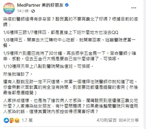 「美的好朋友」連發文章,回應外界對染疫醫師足跡的質疑。(翻攝自粉專「美的好朋友」)