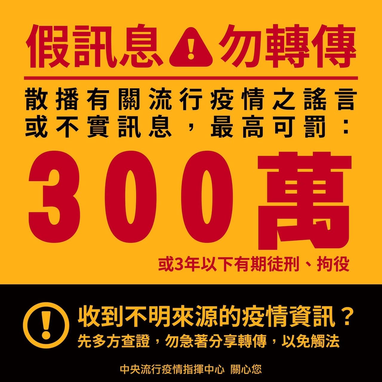 指揮中心提醒,收到不齡來源的疫情訊息,應查證別急著分享,不然恐不小心觸法。(指揮中心提供)