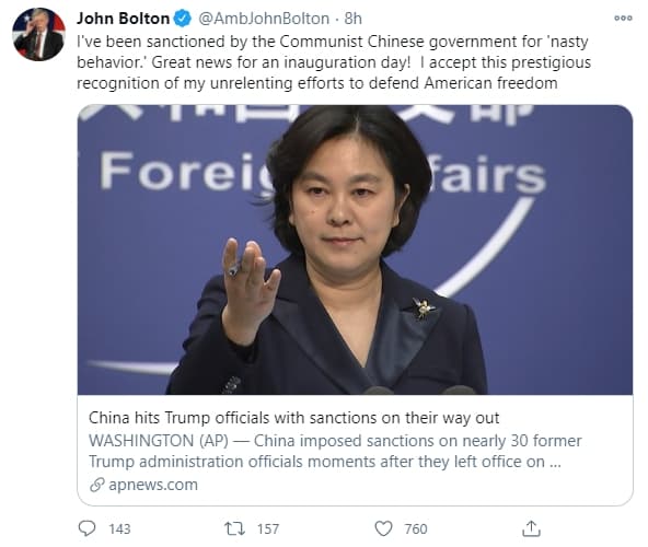 波頓表示,被中國政府制裁是他捍衛美國自由的光榮認證。(翻攝自波頓推特)