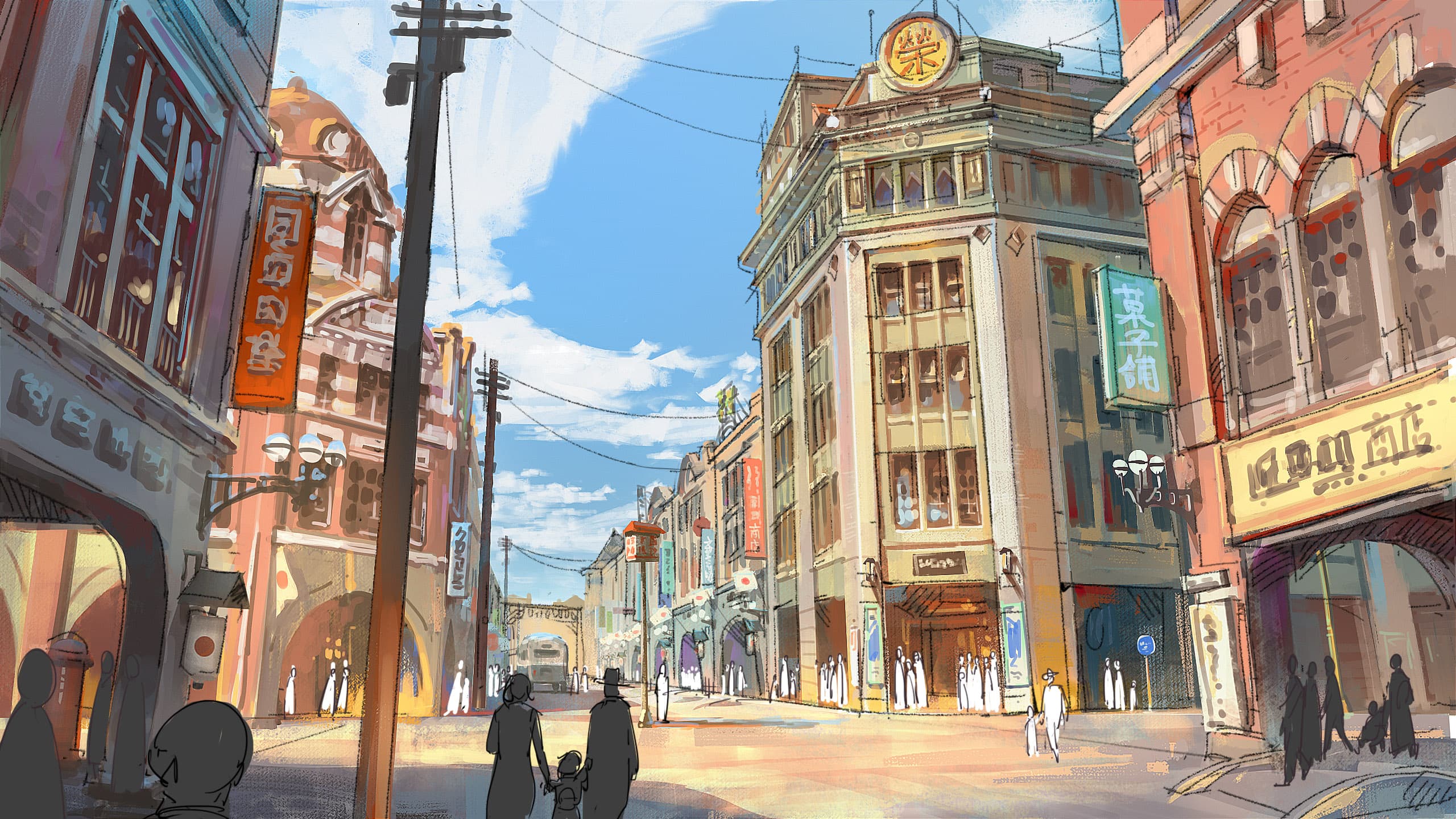 《台北大空襲 -The Game-》開發概念圖,1930年代的榮町(今衡陽路一帶)街景。(迷走工作坊提供)