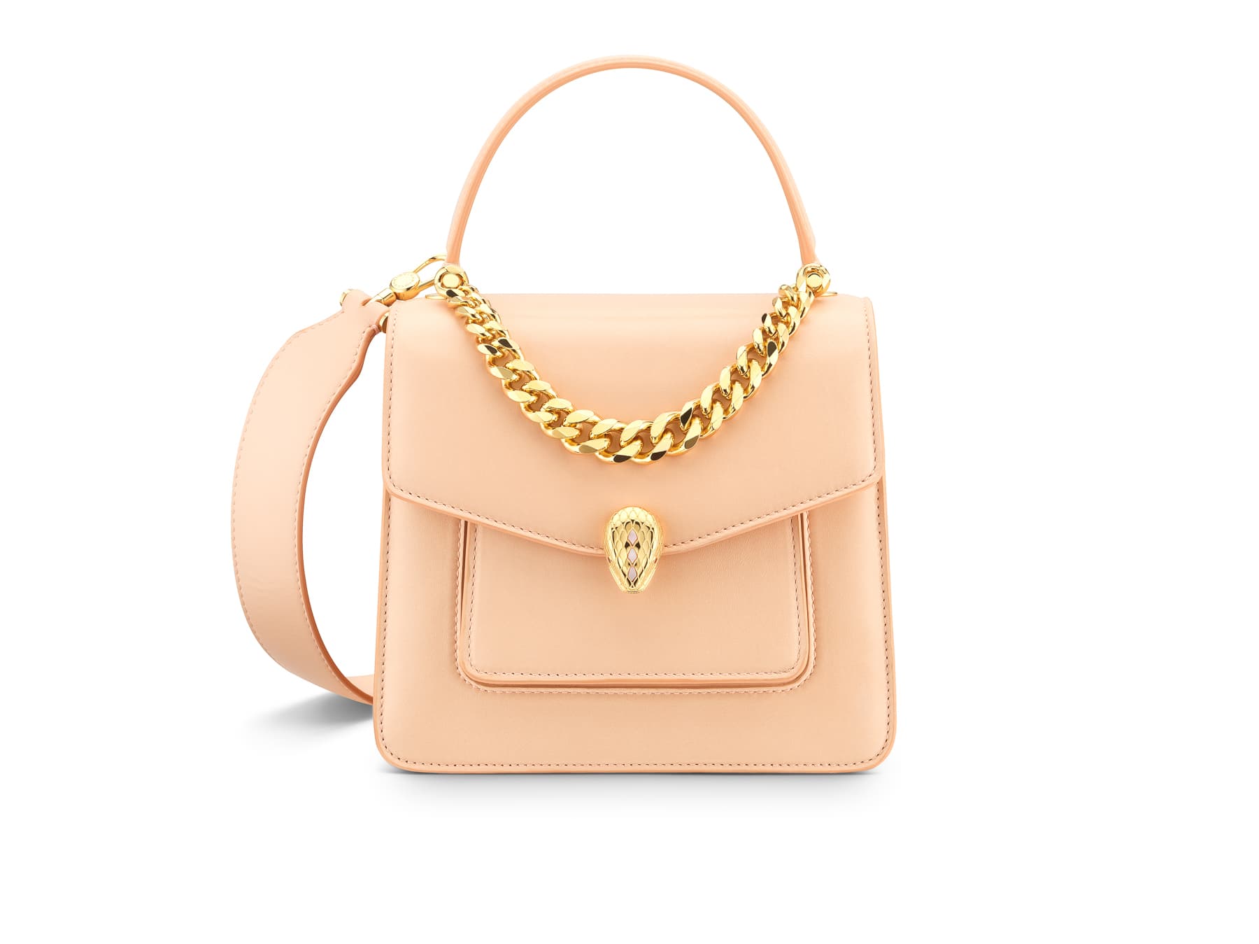 Serpenti Forever Maxi Chain蜜桃色小羊皮手提肩背包。NT$93,000。(寶格麗提供)