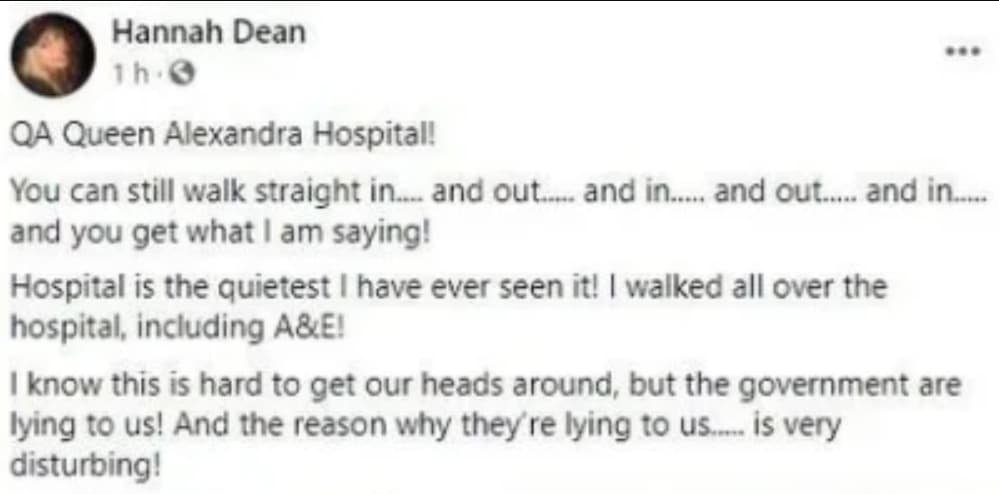漢娜直說醫院很安靜,表示疫情只是政府的謊言。(翻攝自Hannah Dean臉書)
