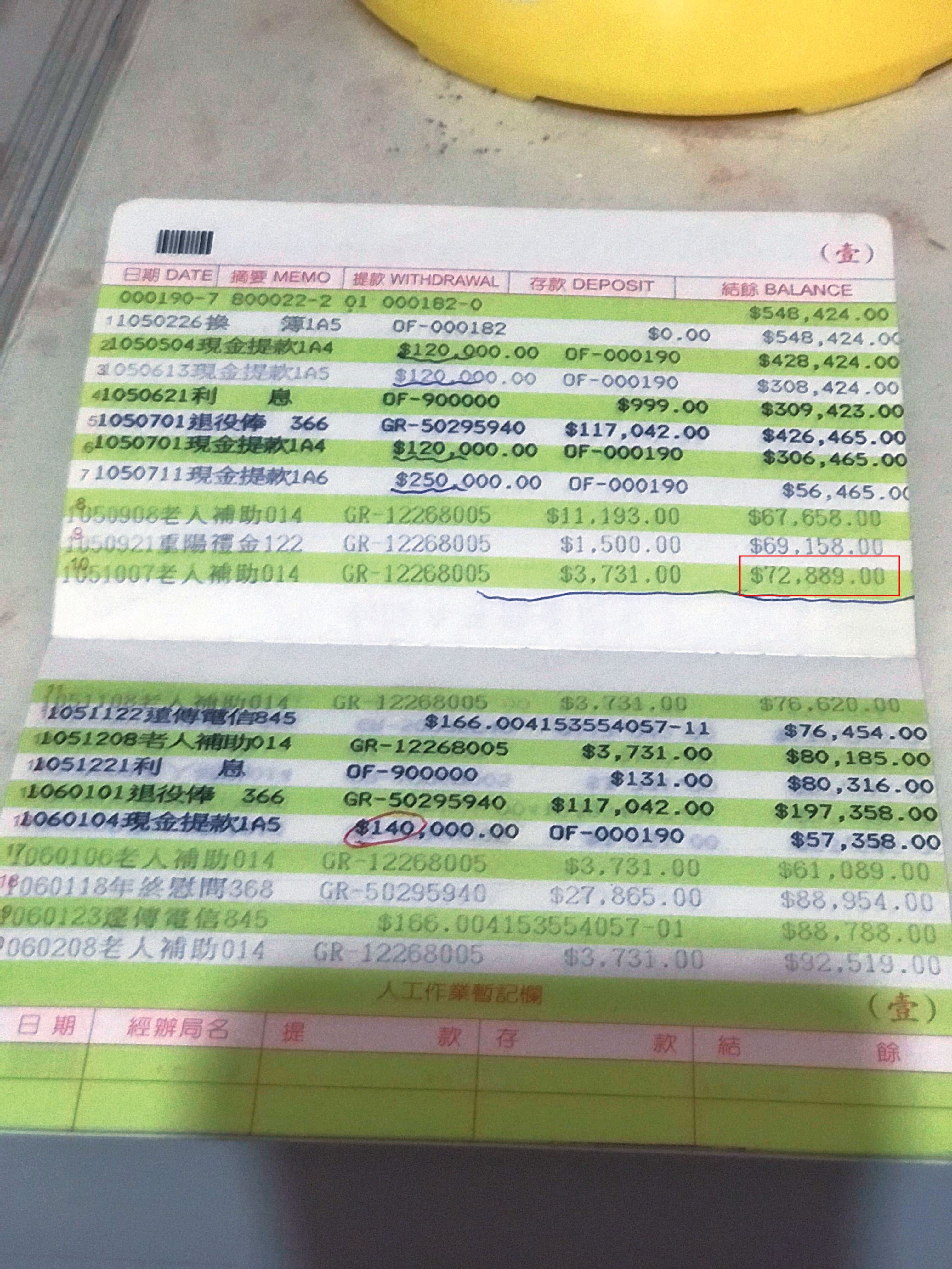 一輩子省吃儉用的譚姓老榮民,婚前帳戶只剩7萬多元存款。(讀者提供)