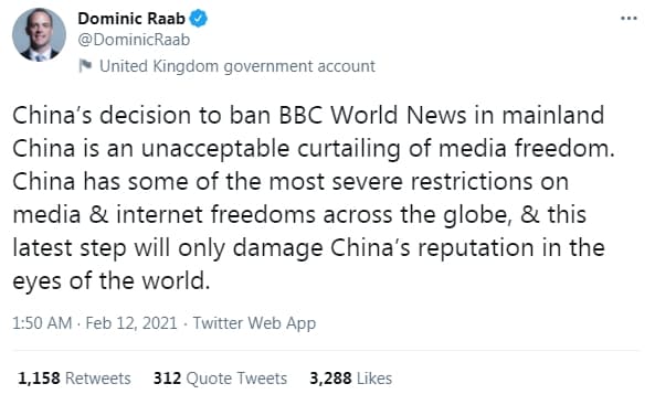 英國外交大臣拉布痛批此舉嚴重侵害新聞自由,也有損中國國際名聲。(翻攝自Raab推特)