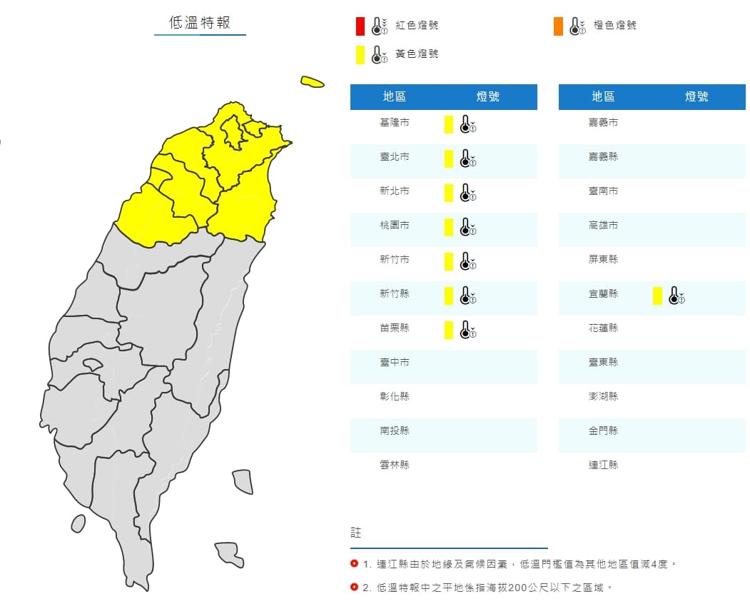 氣象局針對8縣市發布低溫特報,溫度恐探10度以下。(翻攝自氣象局官網)