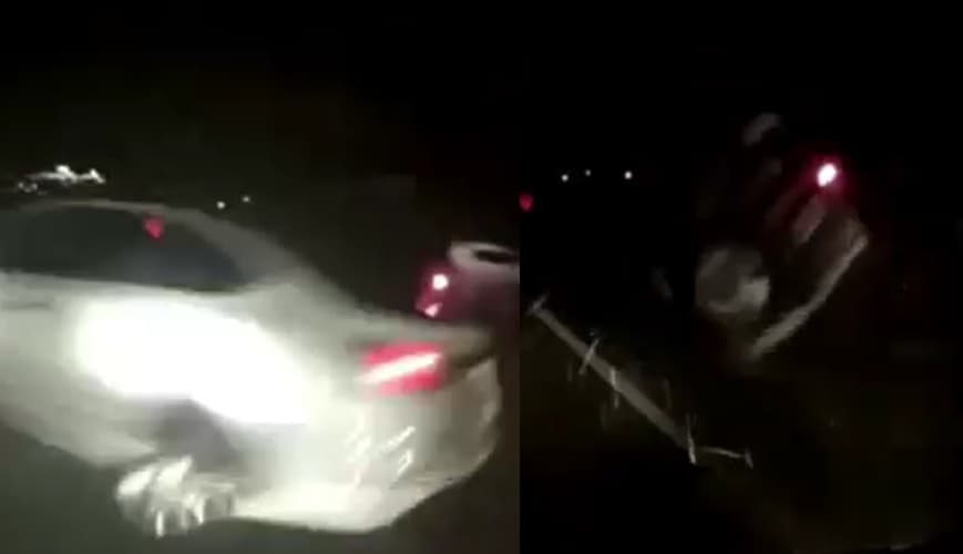 肇事的白車在擦撞前輛車後,隨即撞擊護欄。(翻攝自臉書社團「台中踢爆網」)