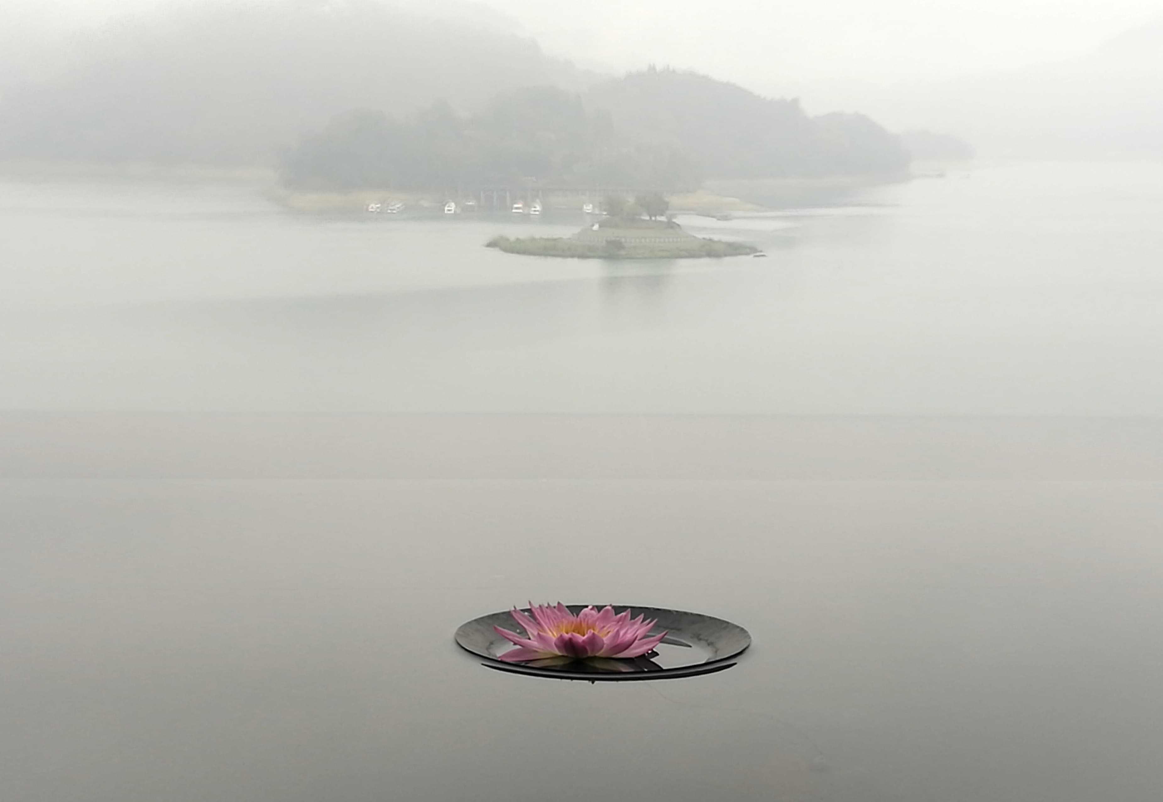 陰雨天如潑墨般的日月潭湖水,與涵碧樓鏡面水廊連成一氣,頗有意境。
