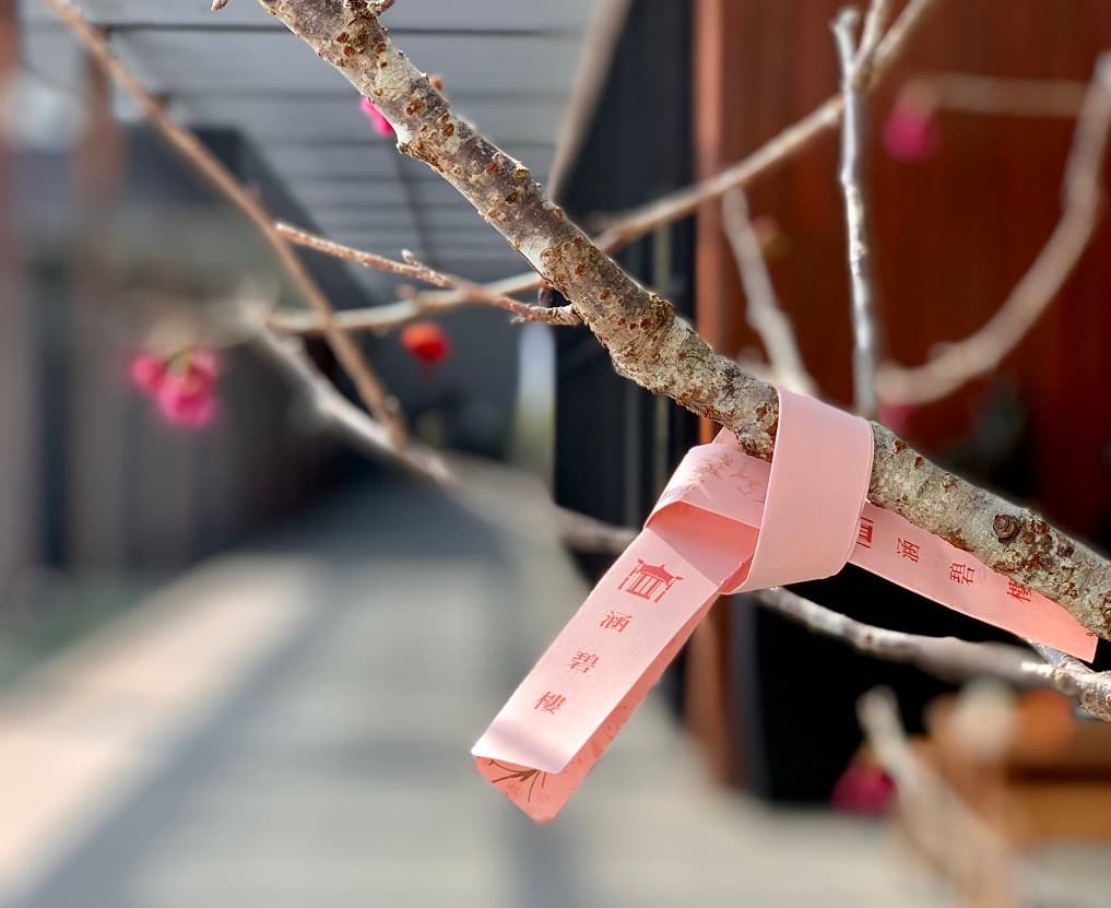 專案房客可寫上祈願好運簽,綁在櫻花樹上。(涵碧樓提供)