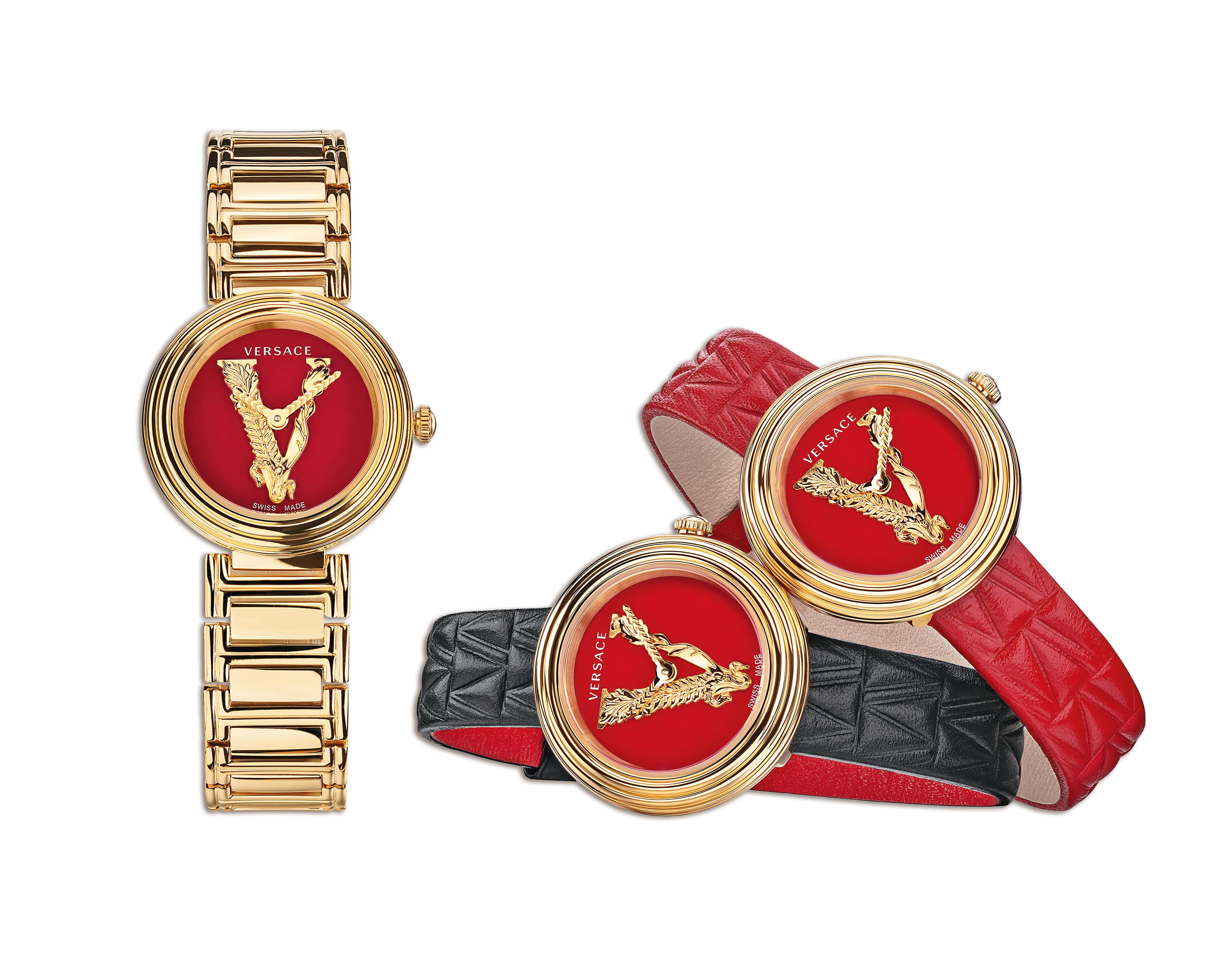 VERSACE Mini Virtus Duo腕錶一組中有金色鍊帶以及兩條小牛皮錶帶,方便展現不同風格。NT$37,500(VERSACE提供)
