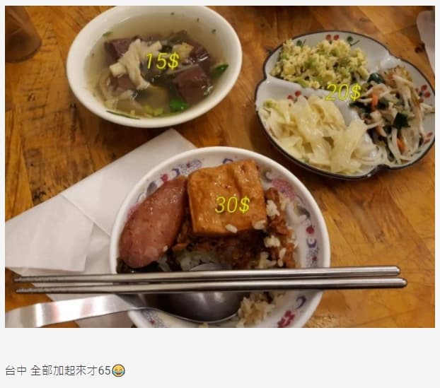 台中一碗滷肉飯上面有香腸豆干+一碗豬血湯+3樣菜,全部才65元。(翻攝自Dcard)