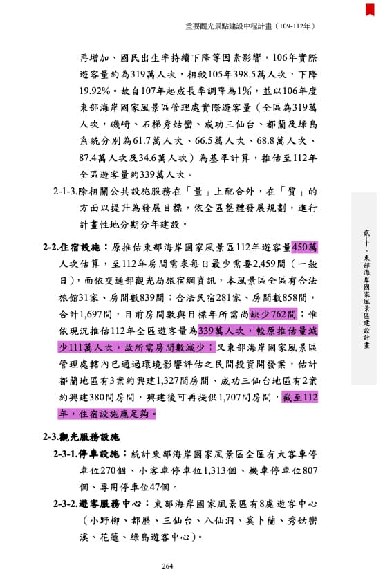「重要觀光景點建設中程計畫(109至112年)」中,明確評估出東海岸住宿設施是「沒有開發需求」。(翻攝自交通部光觀局)