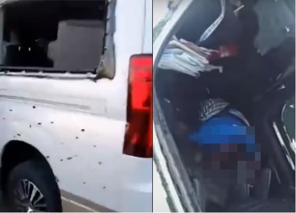 市長的座車車身遍布彈孔，1名男子也被到拍頭部中彈倒在車內。（翻攝自VLOGGER KA Official 推特、Bravo mike YouTube）
