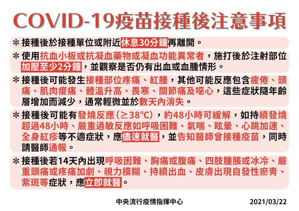 接種武漢肺炎疫苗後注意事項。(指揮中心提供)