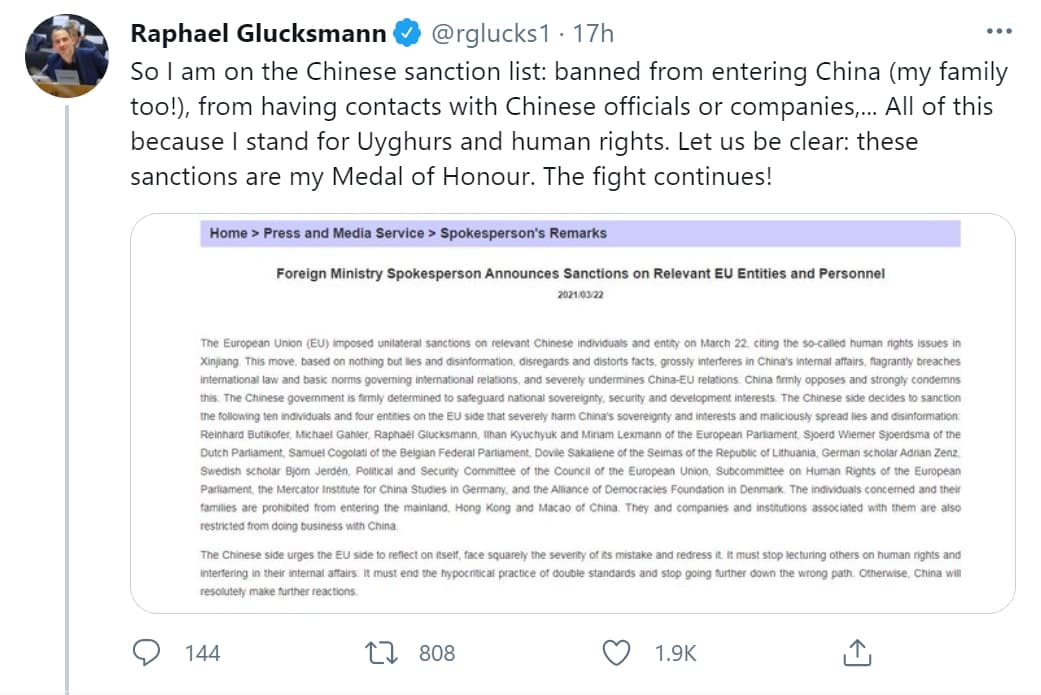 被中國制裁的法國歐洲議員格魯克茲曼表示「這些制裁是我的榮譽勳章,抗爭將持續下去!」(翻攝自推特@rglucks1)