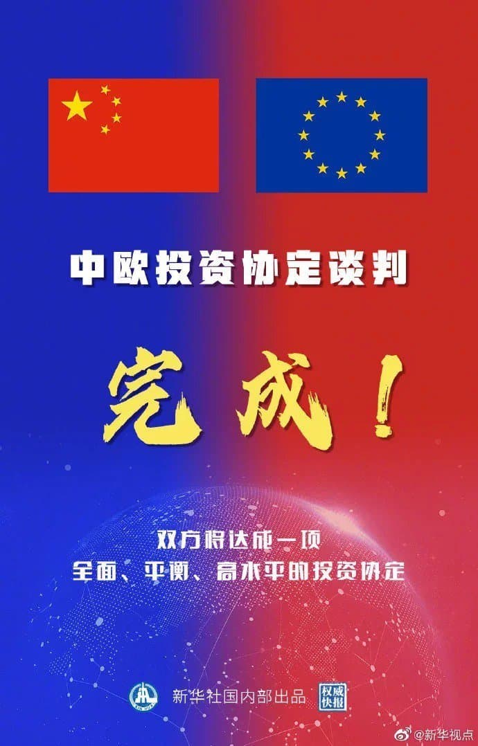 中國媒體去年底開心宣布中歐投資協定談判完成,未料此案在這時候出現變化。(翻攝自新華社)