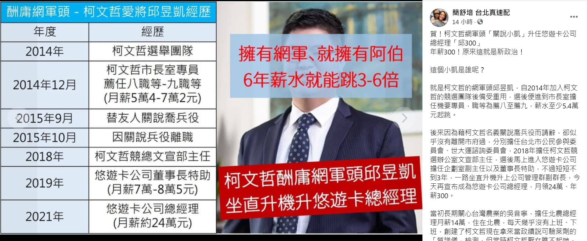 簡舒培列出邱昱凱經歷砲轟酬庸。(翻攝自簡舒培臉書)