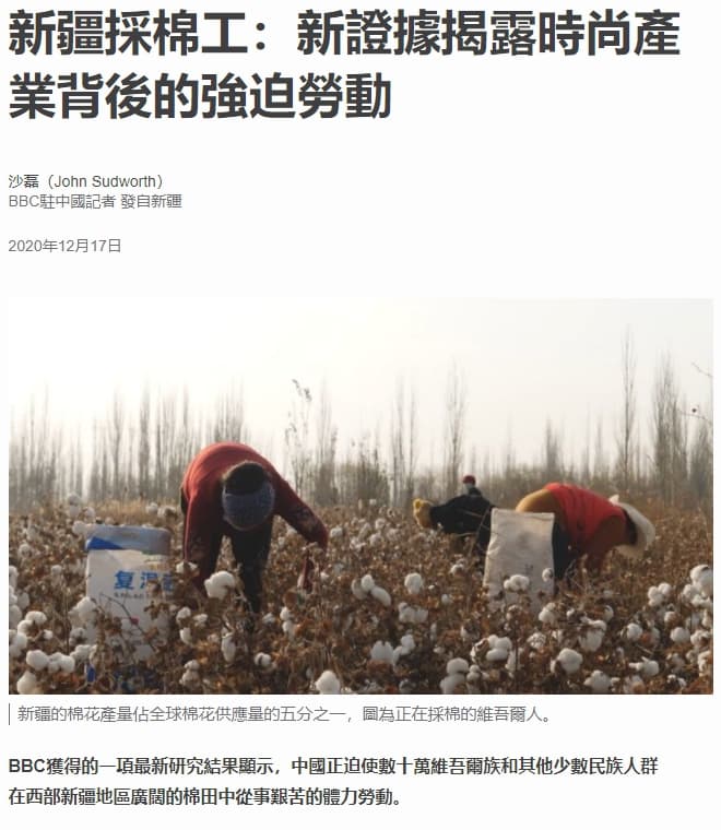 《BBC》自去年底就推出了一系列新疆強迫勞動的調查報導,但中國一概駁斥。(翻攝自BBC官網)