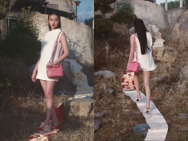 木村光希身穿洋裝、腳踩跟鞋踏在象徵日本傳統的和服腰帶上,讓鄉民覺得「污衊日本文化」。(翻攝自推特)