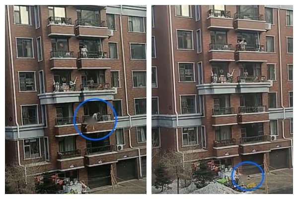 全裸男子試圖從4樓陽台往3樓攀爬時,卻不慎失足,直接往1樓掉下去。(翻攝自微博)