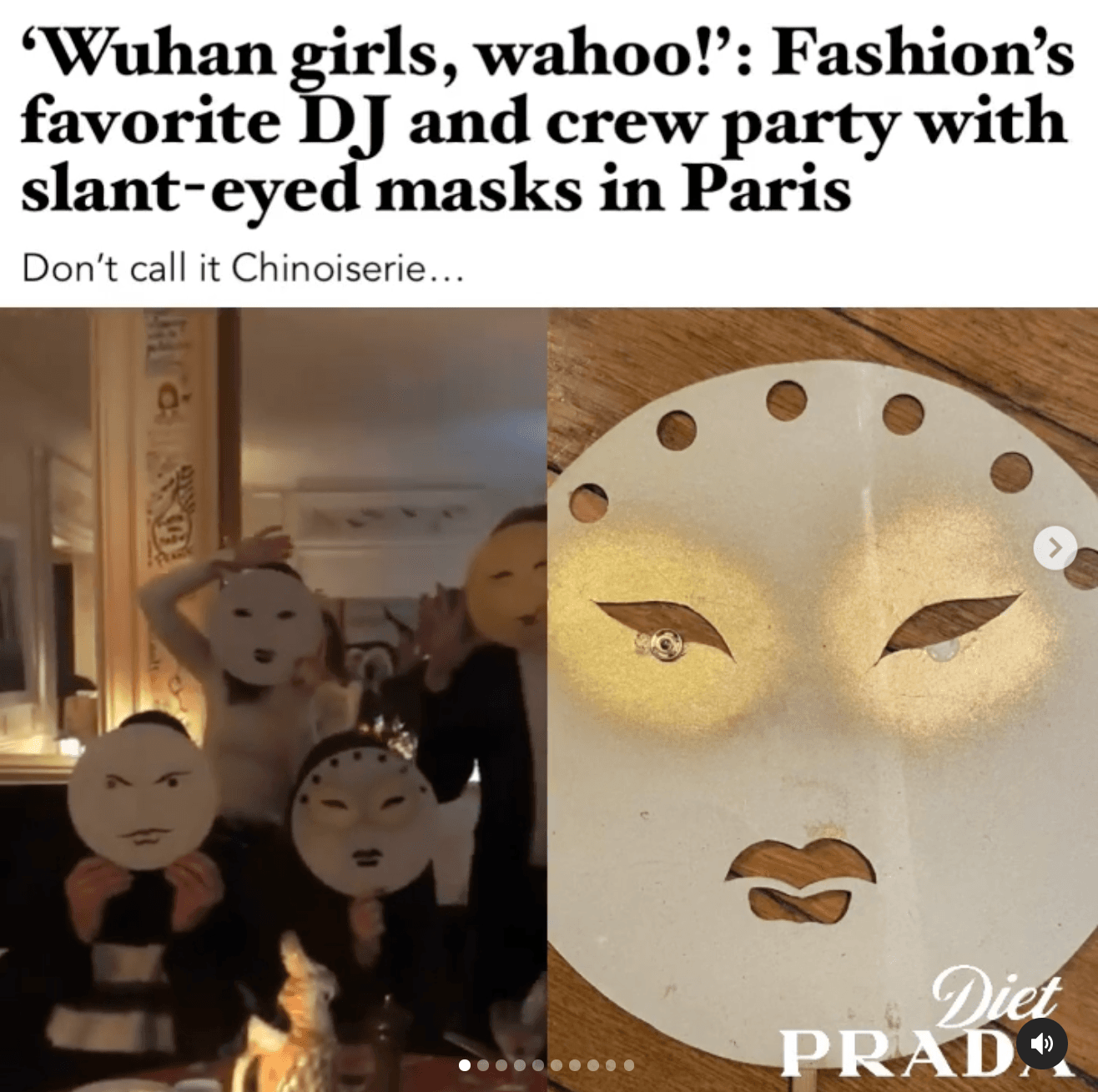派對中人們戴著只面具，面具上挖有細長眼睛和小嘴。（翻攝diet_prada IG）