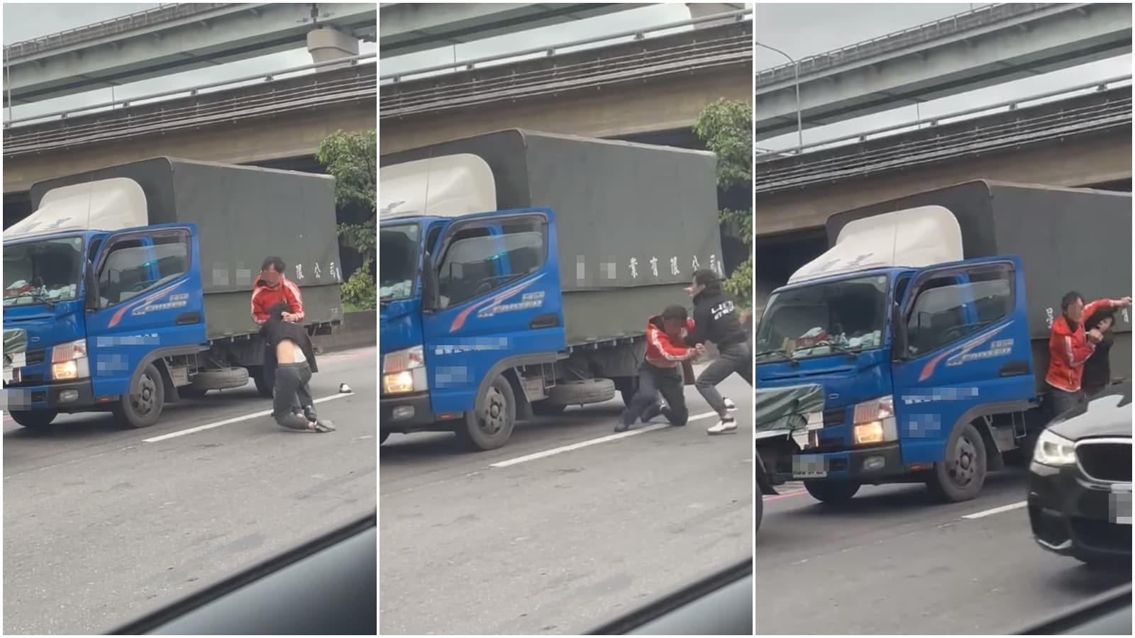 2名貨車司機竟因為行車糾紛打在交流道大打出手。(翻攝自爆料公社臉書)