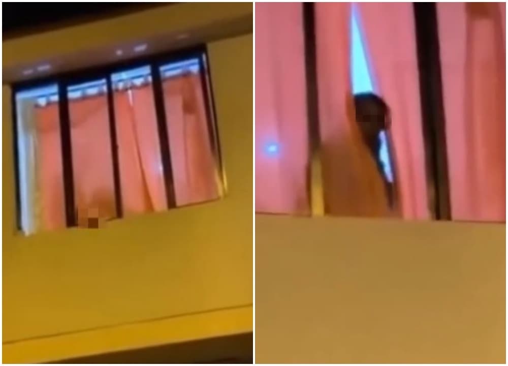 女方「忘情吞吐」到一半發現樓下有動靜，拉開窗簾察看後趕緊關燈。（翻攝自漩渦視頻微博）