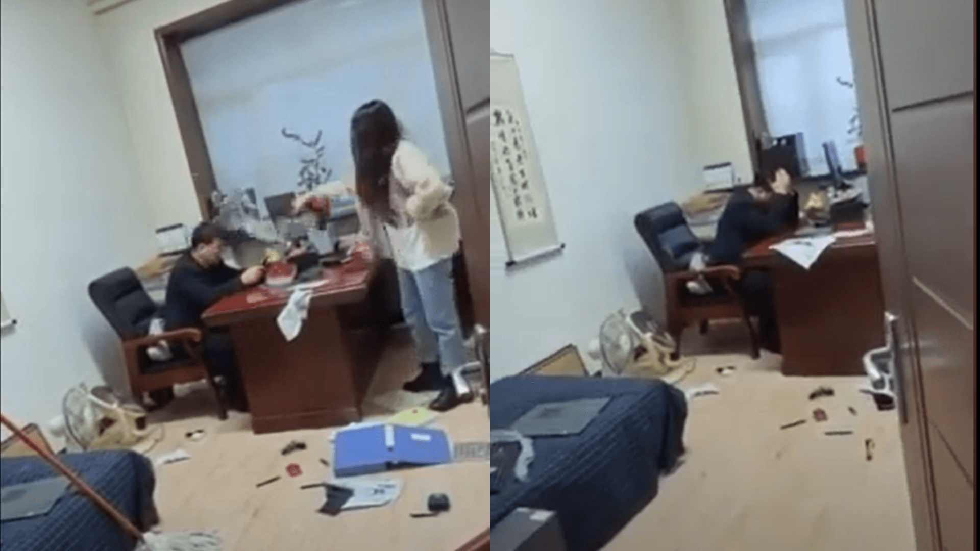 女子拿起物品往王春輝身上丟,嚇得他不斷道歉。(翻攝自YouTube)