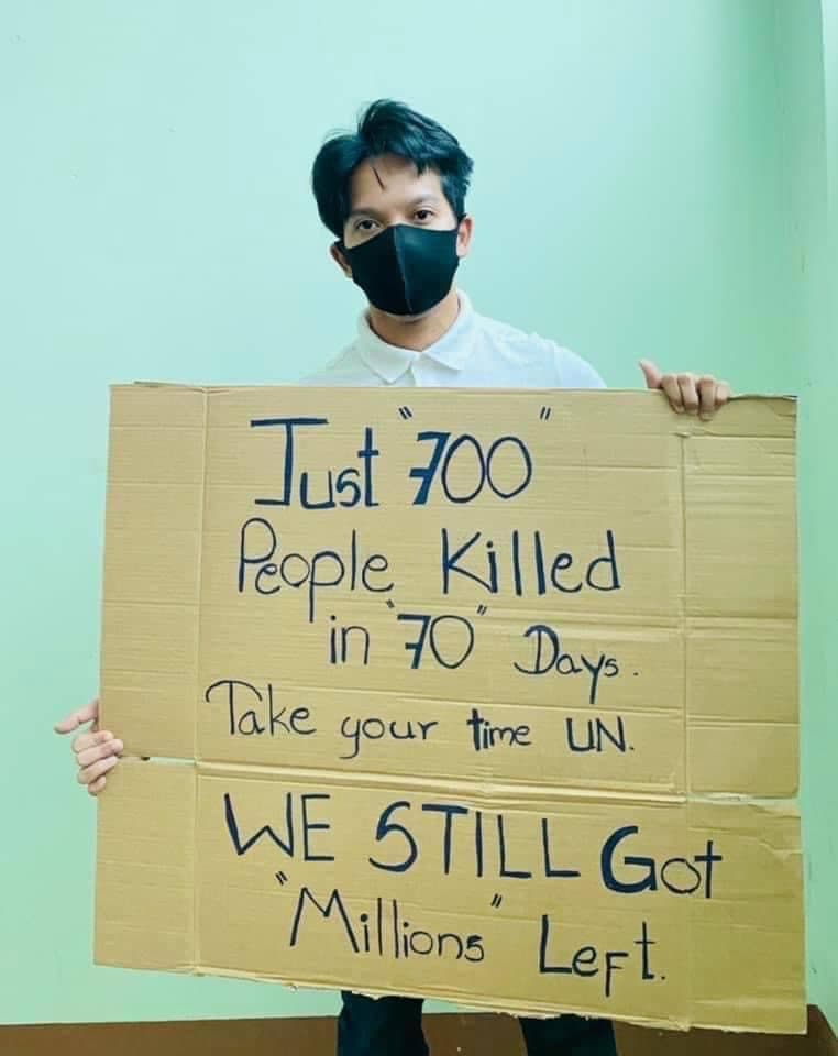 緬甸人民悲痛向國際求援,「70天才死700人,聯合國你們慢慢來,還有千千萬萬個我們在等著。」(翻攝自臉書)