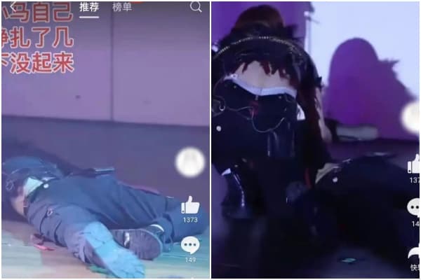 嘗試幾次都站不起來的馬玉靈，爬向後台求救，所幸隊友發現她的狀況，上前攙扶她回後台休息。（翻攝自微博）
