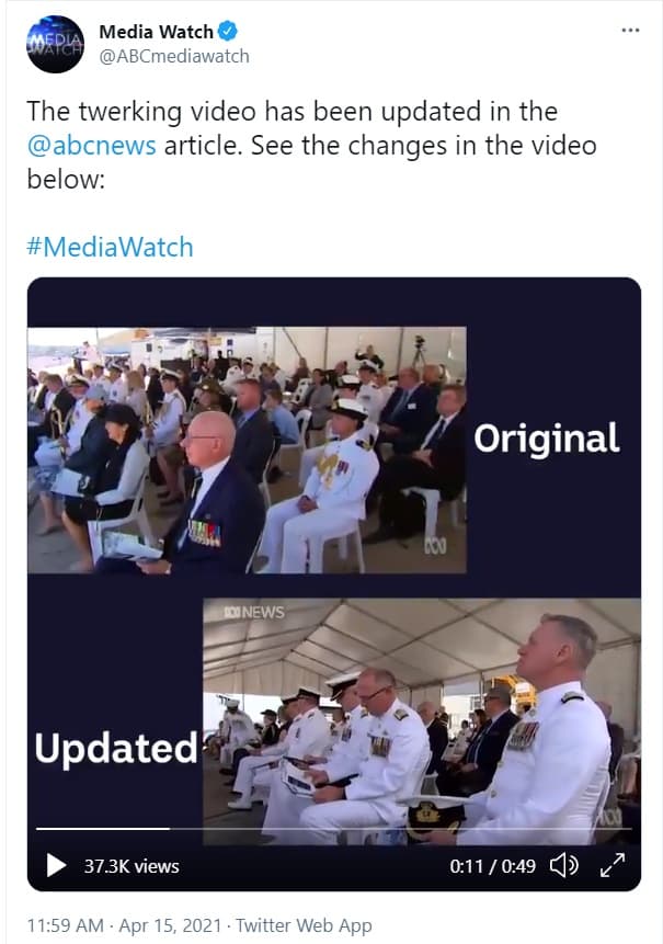 原片段(上)引起誤會後,《ABC News》已修正如下,還原至總督赫利、國防軍司令坎貝爾尚未到場的真實情況。(翻攝自ABCmediawatch的Twitter)