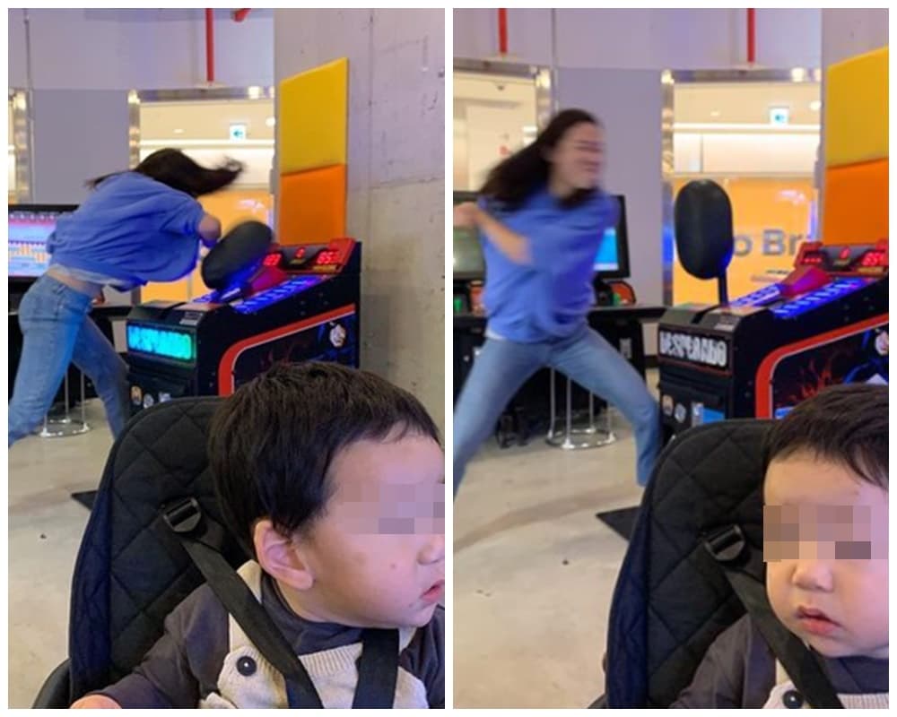 韓星李美度用力揮拳、肘擊遊戲機，兒子一旁冷靜不睬媽媽的反應，讓網友笑翻。（翻攝自李美度IG）