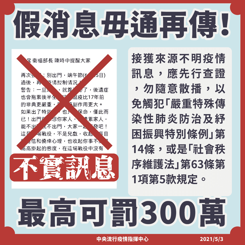民眾接獲來源不明的訊息時應先查證,勿轉傳以免觸法。(翻攝自疾病管制署 - 1922防疫達人臉書)