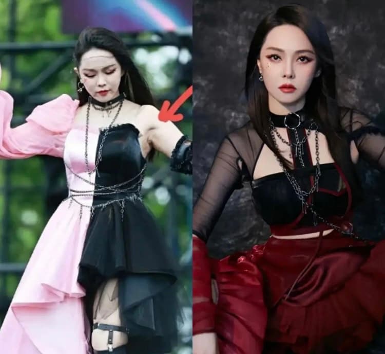 有網友指出伊能靜的「腋下皮膚」，和先前美照大不同。（翻攝自微博）