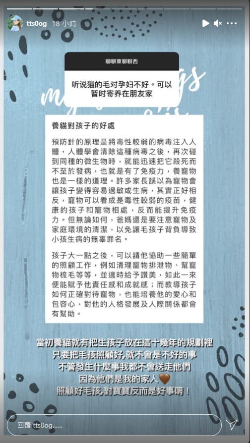 有粉絲勸陳天仁可以將貓咪寄養在朋友家,陳天仁公開回應了。(翻攝自tts0og IG)