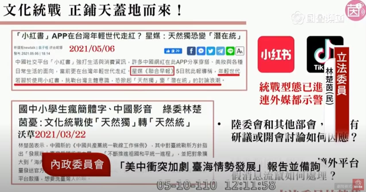 長期關注文化統戰的林楚茵,就指出新加坡媒體發現台灣年輕人因接觸中國相關資訊而被同化。(翻攝自國會頻道YouTube)