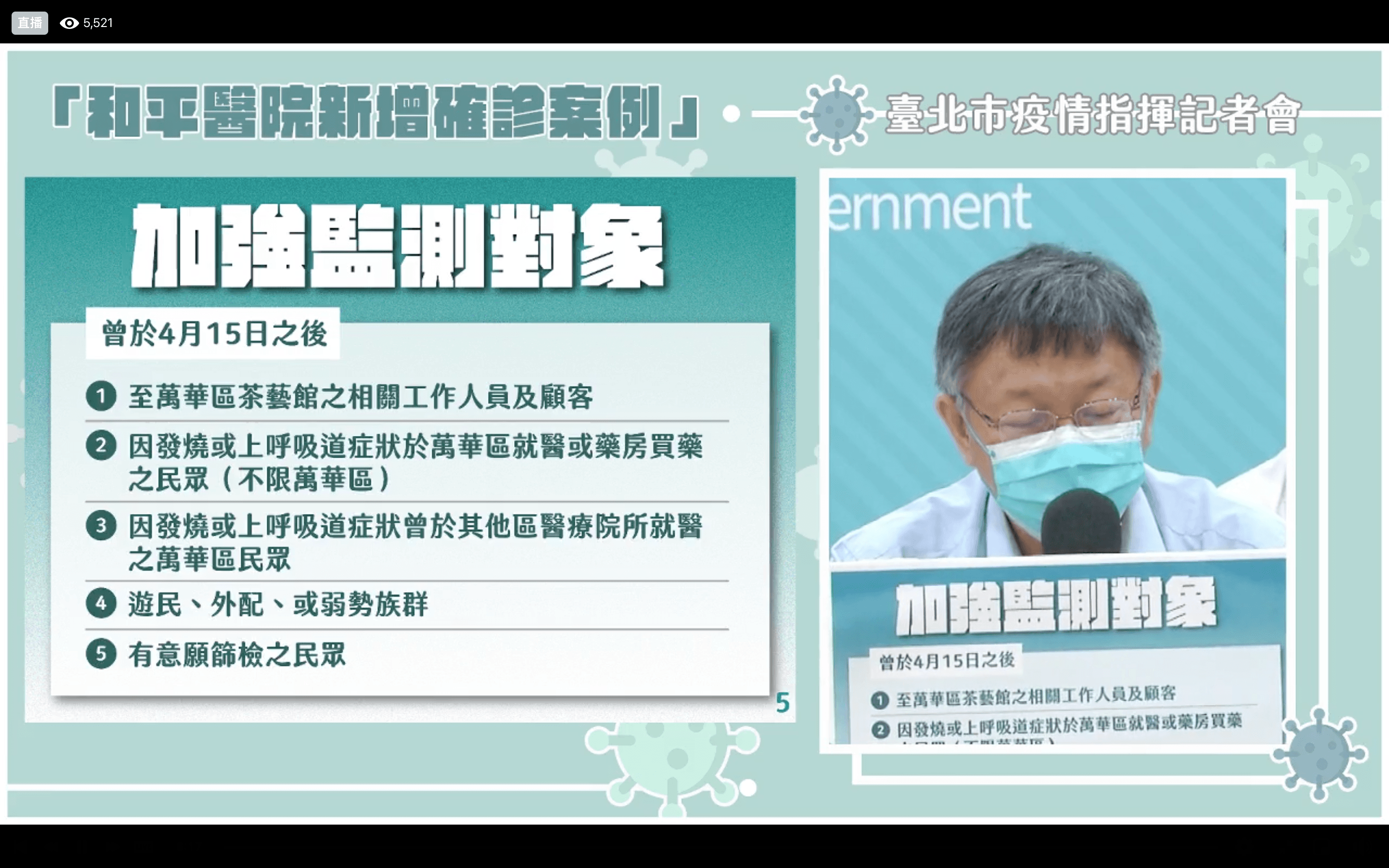 因應疫情加強監測對象。（翻攝自柯文哲臉書）