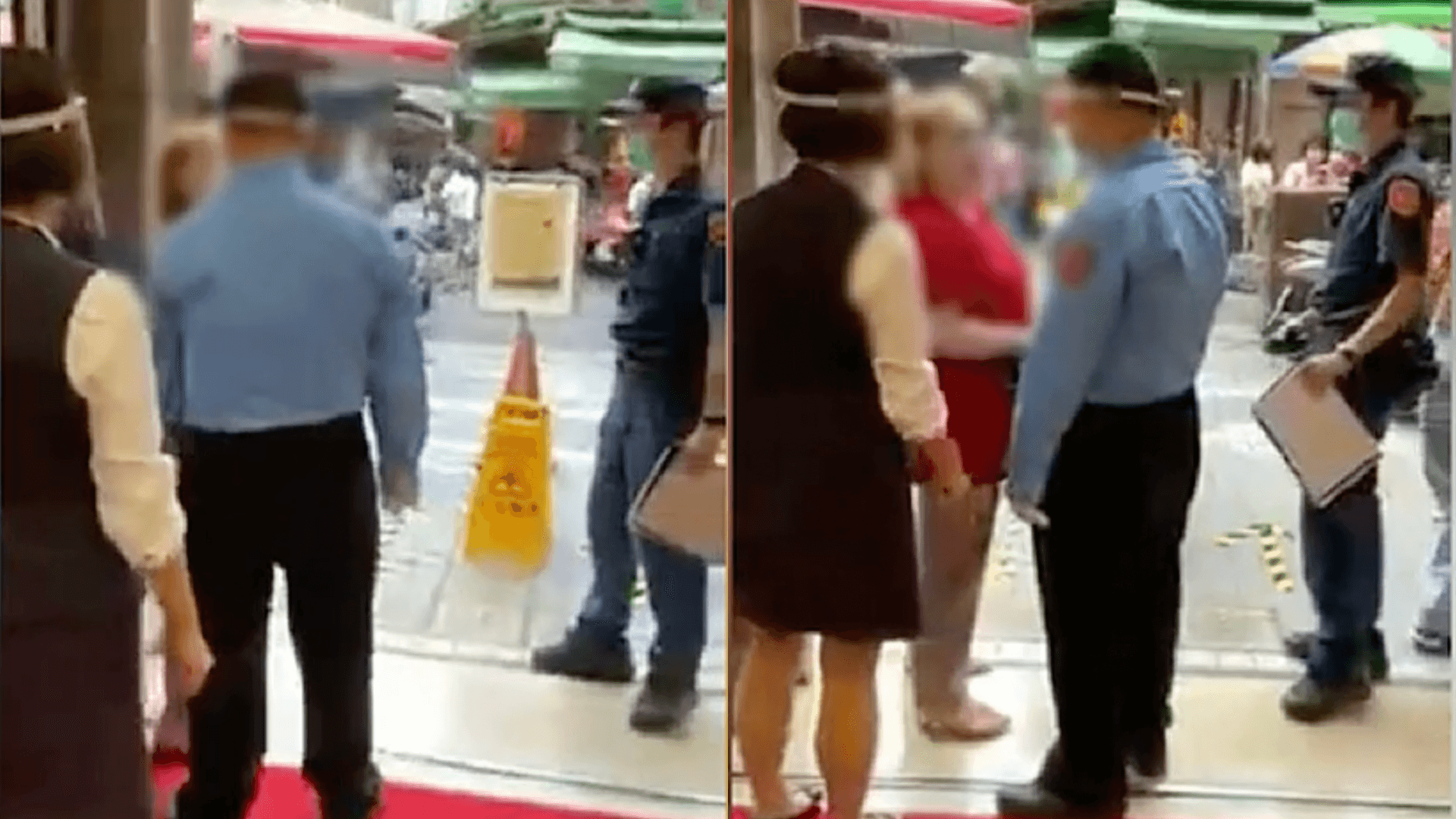 婦女堅持不戴口罩,保全上前將她趕出去。(翻攝自臉書汐止集團)
