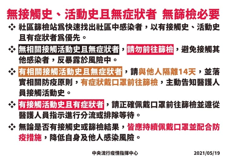 陳時中再三呼籲,如果沒有活動史、無症狀者請不要前往篩檢。(指揮中心提供)