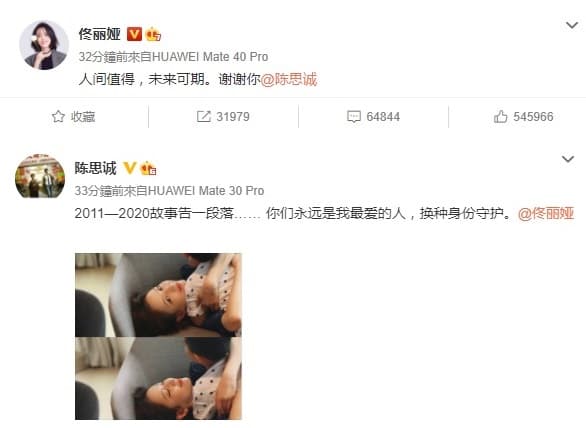 佟麗婭與陳思誠今(20日)在微博上發文,暗示2人夫妻關係告一段落。(翻攝自佟麗婭、陳思誠微博)