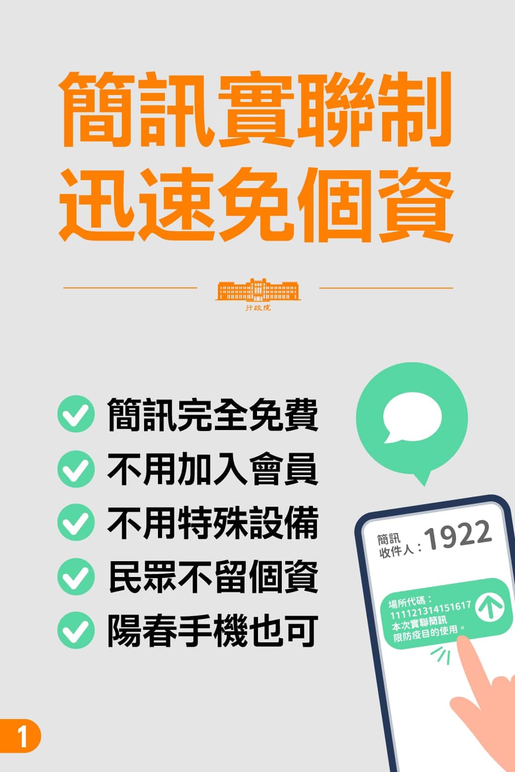 簡訊實聯制系統強調免留個資,陽春手機也能使用。(翻攝自行政院臉書)